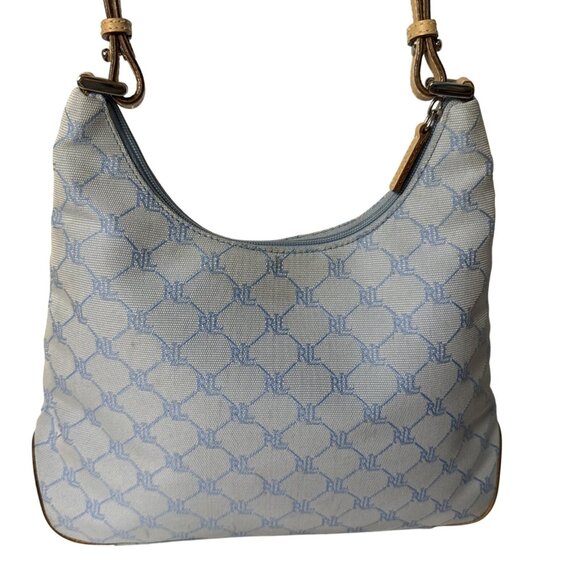 Ralph Lauren Monogram Canvas Hobo Bag Blue & Beige With Adjustable Strap - Picture 5 of 16